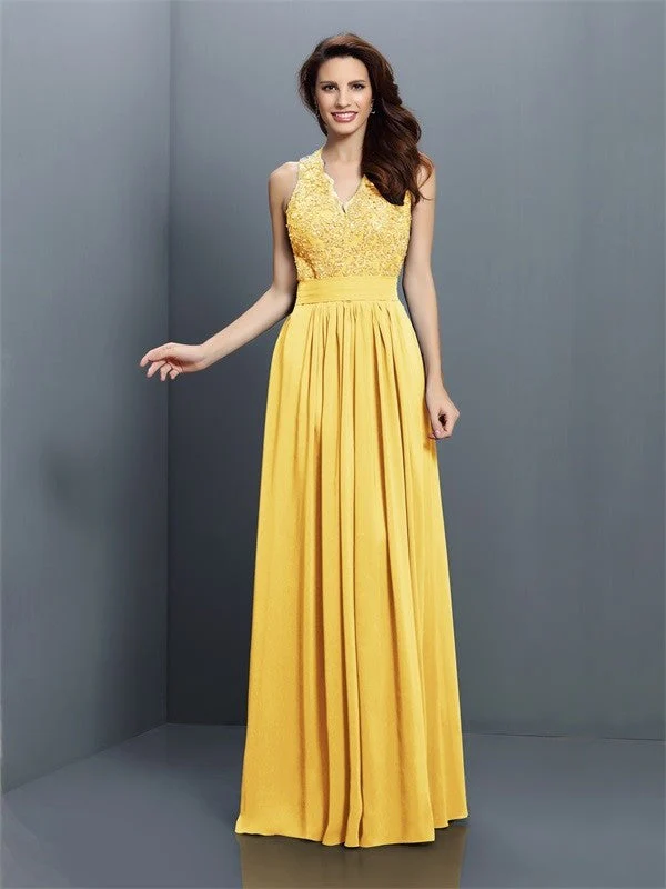 V-Neck Elegant Applique Sleeveless Long Chiffon Bridesmaid Dresses - Image 12