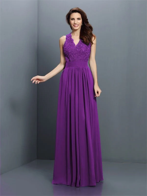 V-Neck Elegant Applique Sleeveless Long Chiffon Bridesmaid Dresses - Image 13