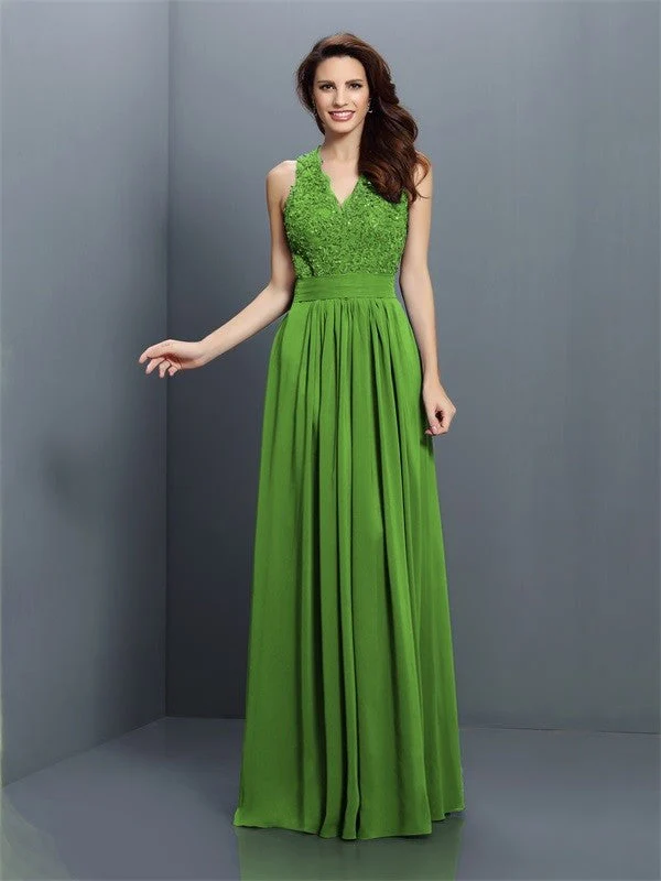 V-Neck Elegant Applique Sleeveless Long Chiffon Bridesmaid Dresses - Image 14