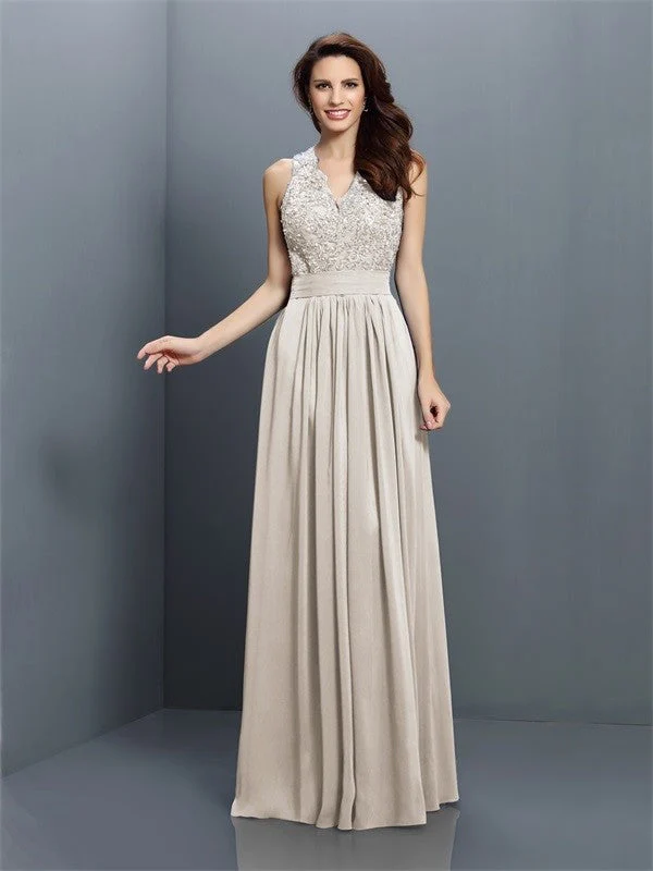V-Neck Elegant Applique Sleeveless Long Chiffon Bridesmaid Dresses - Image 15