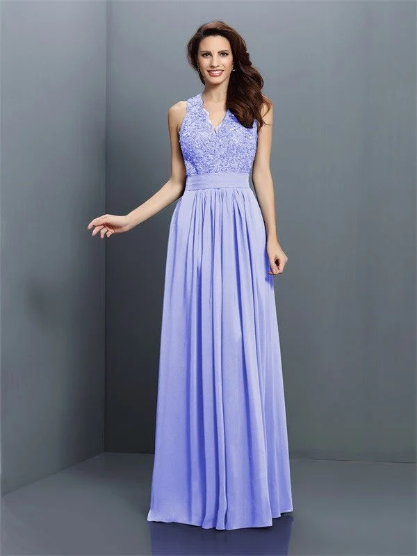 V-Neck Elegant Applique Sleeveless Long Chiffon Bridesmaid Dresses - Image 16