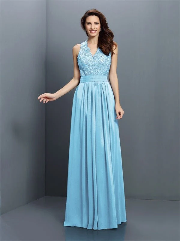 V-Neck Elegant Applique Sleeveless Long Chiffon Bridesmaid Dresses - Image 17