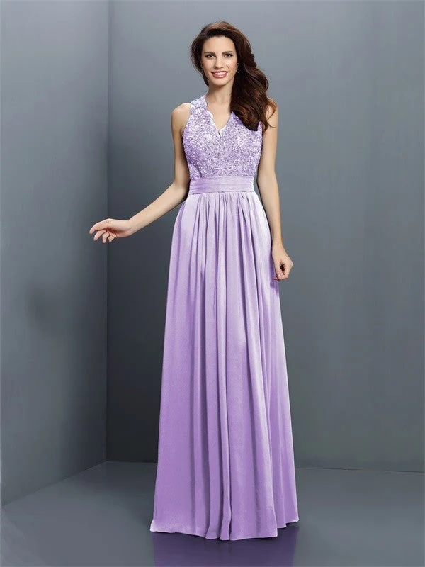 V-Neck Elegant Applique Sleeveless Long Chiffon Bridesmaid Dresses - Image 18