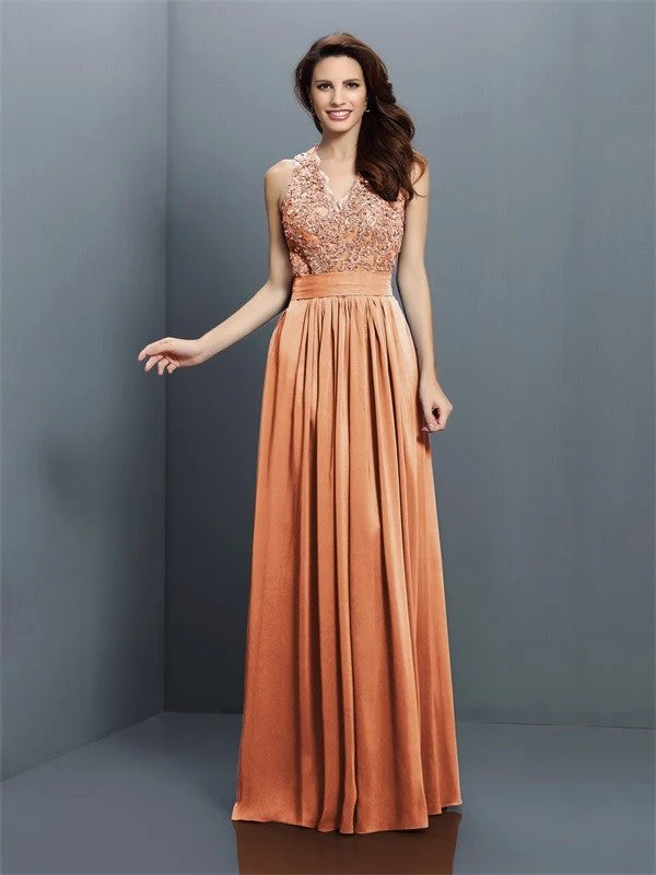 V-Neck Elegant Applique Sleeveless Long Chiffon Bridesmaid Dresses - Image 19