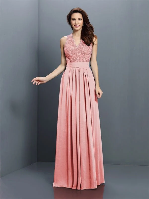 V-Neck Elegant Applique Sleeveless Long Chiffon Bridesmaid Dresses - Image 20