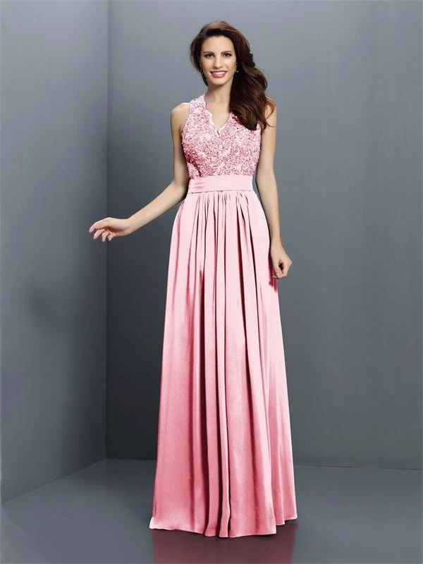 V-Neck Elegant Applique Sleeveless Long Chiffon Bridesmaid Dresses - Image 21