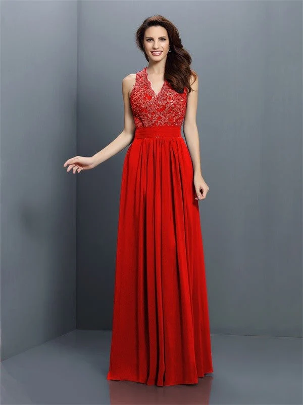 V-Neck Elegant Applique Sleeveless Long Chiffon Bridesmaid Dresses - Image 22