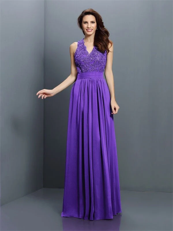 V-Neck Elegant Applique Sleeveless Long Chiffon Bridesmaid Dresses - Image 23