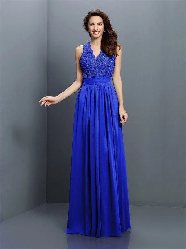 V-Neck Elegant Applique Sleeveless Long Chiffon Bridesmaid Dresses - Image 24