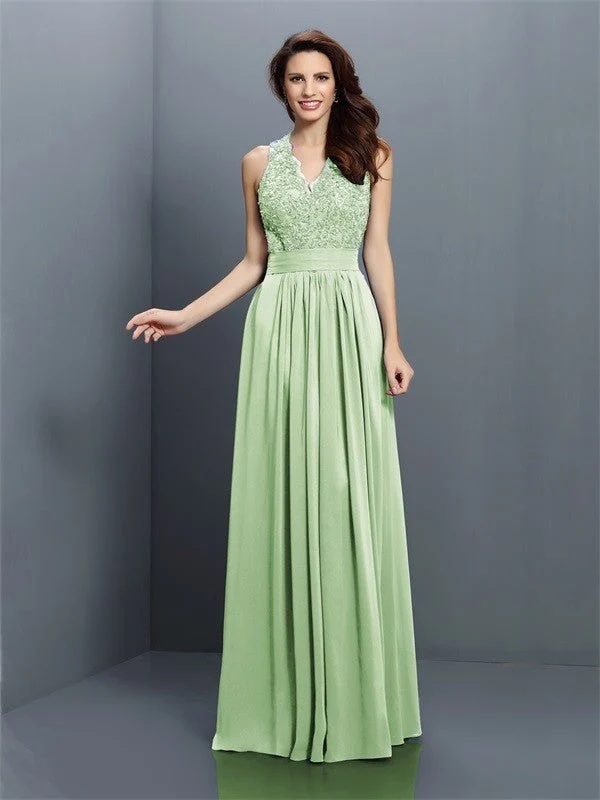 V-Neck Elegant Applique Sleeveless Long Chiffon Bridesmaid Dresses - Image 25
