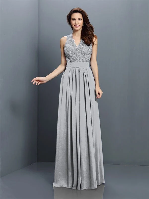 V-Neck Elegant Applique Sleeveless Long Chiffon Bridesmaid Dresses - Image 26