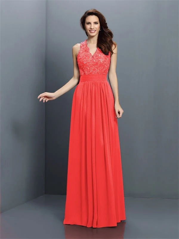 V-Neck Elegant Applique Sleeveless Long Chiffon Bridesmaid Dresses - Image 27