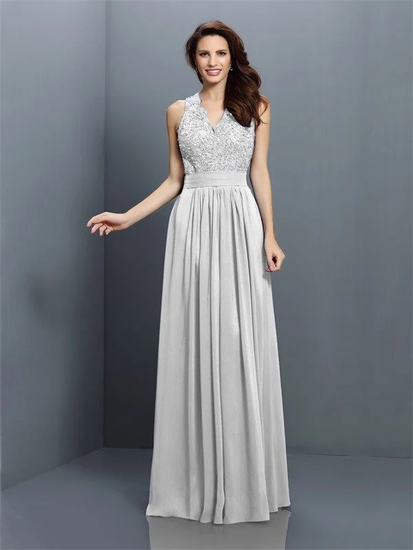 V-Neck Elegant Applique Sleeveless Long Chiffon Bridesmaid Dresses - Image 28