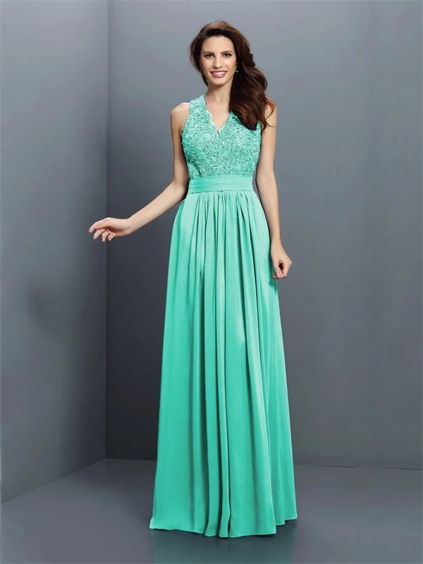 V-Neck Elegant Applique Sleeveless Long Chiffon Bridesmaid Dresses - Image 29
