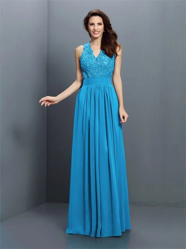V-Neck Elegant Applique Sleeveless Long Chiffon Bridesmaid Dresses - Image 3