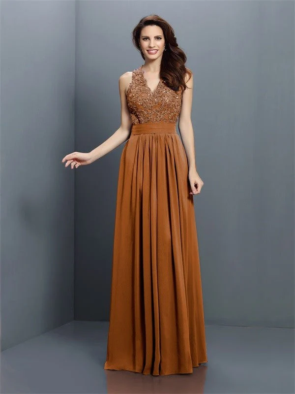 V-Neck Elegant Applique Sleeveless Long Chiffon Bridesmaid Dresses - Image 4