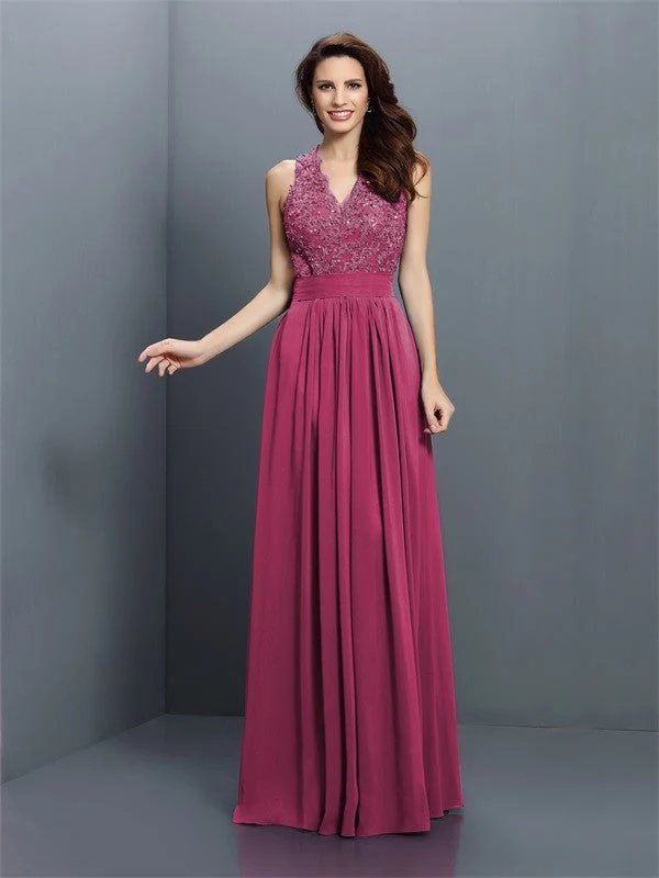 V-Neck Elegant Applique Sleeveless Long Chiffon Bridesmaid Dresses - Image 5