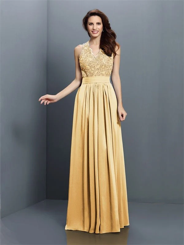 V-Neck Elegant Applique Sleeveless Long Chiffon Bridesmaid Dresses - Image 6