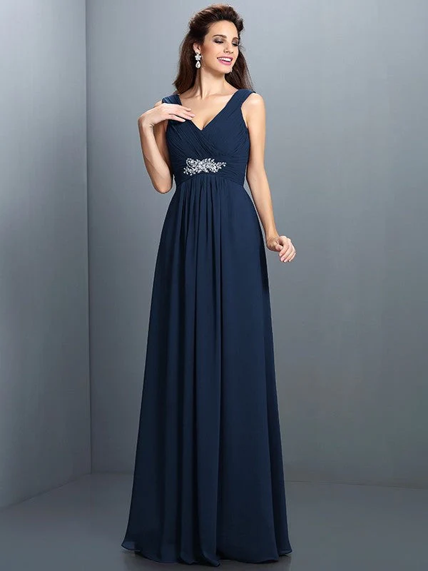 V-Neck Elegant Beading Pleats Sleeveless Long Chiffon Bridesmaid Dresses - Image 10