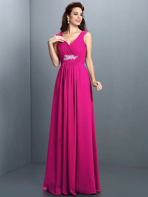 V-Neck Elegant Beading Pleats Sleeveless Long Chiffon Bridesmaid Dresses - Image 11