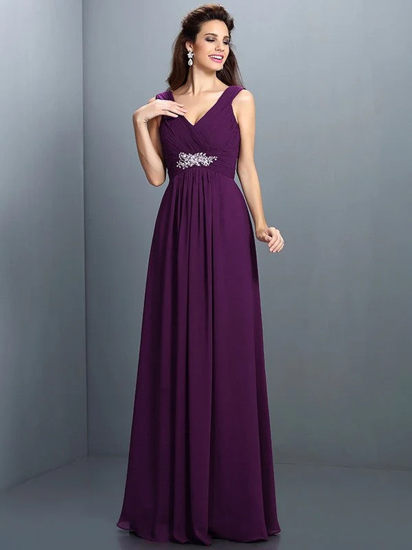 V-Neck Elegant Beading Pleats Sleeveless Long Chiffon Bridesmaid Dresses - Image 12