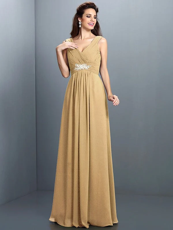 V-Neck Elegant Beading Pleats Sleeveless Long Chiffon Bridesmaid Dresses - Image 13
