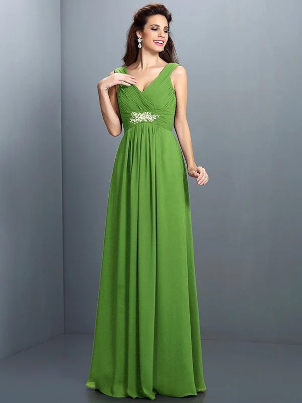V-Neck Elegant Beading Pleats Sleeveless Long Chiffon Bridesmaid Dresses - Image 14