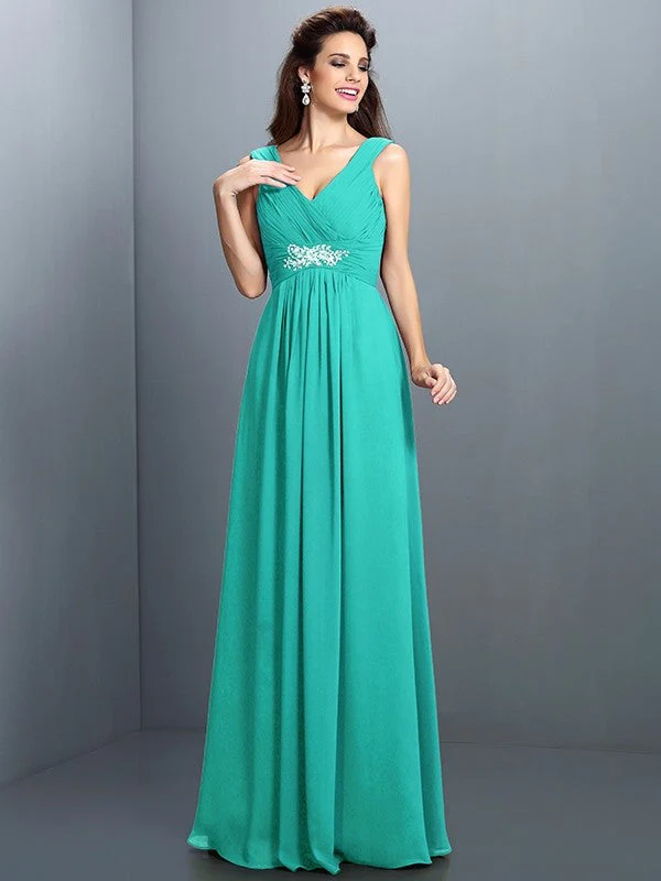 V-Neck Elegant Beading Pleats Sleeveless Long Chiffon Bridesmaid Dresses - Image 15