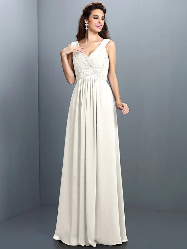 V-Neck Elegant Beading Pleats Sleeveless Long Chiffon Bridesmaid Dresses - Image 16