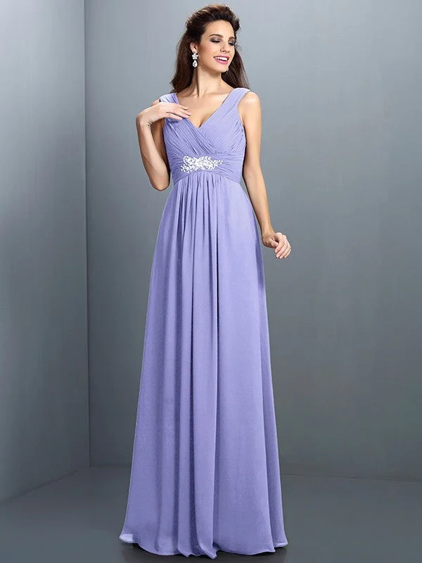 V-Neck Elegant Beading Pleats Sleeveless Long Chiffon Bridesmaid Dresses - Image 17