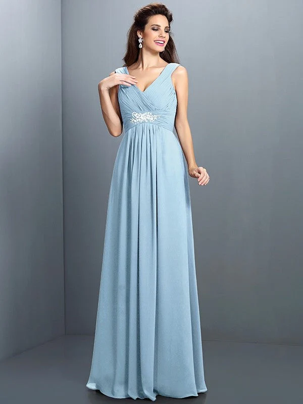 V-Neck Elegant Beading Pleats Sleeveless Long Chiffon Bridesmaid Dresses - Image 18