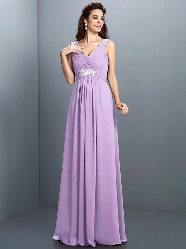 V-Neck Elegant Beading Pleats Sleeveless Long Chiffon Bridesmaid Dresses - Image 19