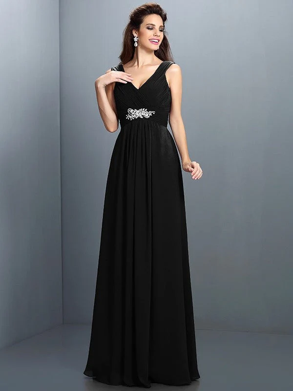 V-Neck Elegant Beading Pleats Sleeveless Long Chiffon Bridesmaid Dresses - Image 2