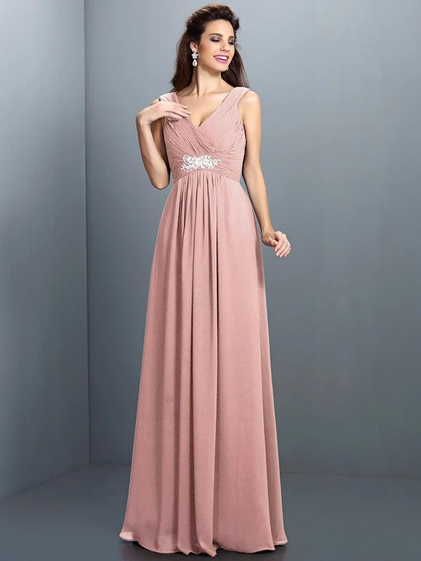 V-Neck Elegant Beading Pleats Sleeveless Long Chiffon Bridesmaid Dresses - Image 20