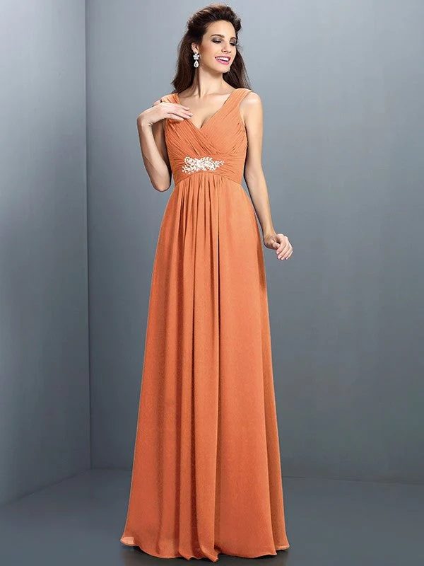 V-Neck Elegant Beading Pleats Sleeveless Long Chiffon Bridesmaid Dresses - Image 21