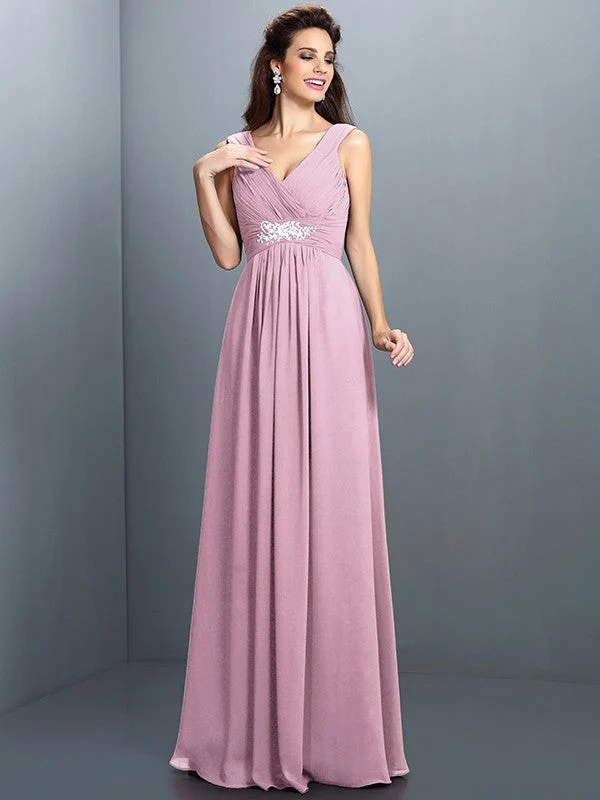 V-Neck Elegant Beading Pleats Sleeveless Long Chiffon Bridesmaid Dresses - Image 22