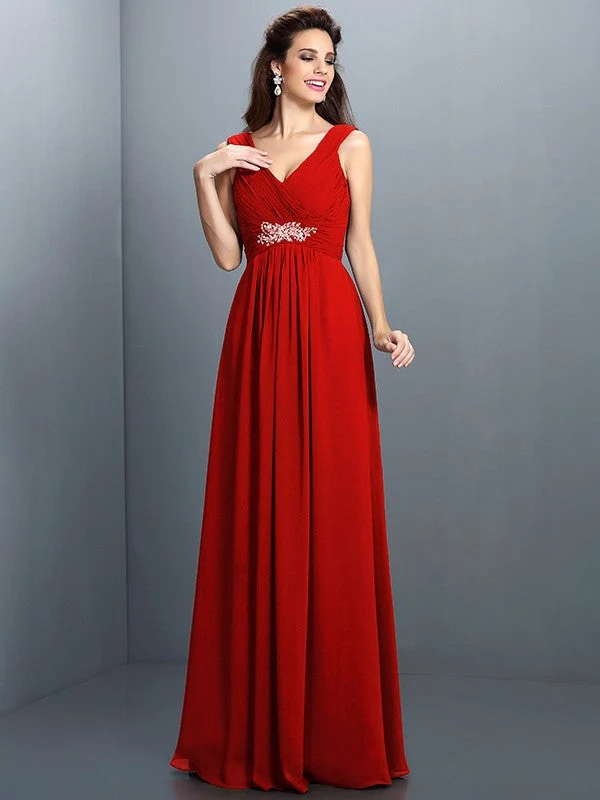 V-Neck Elegant Beading Pleats Sleeveless Long Chiffon Bridesmaid Dresses - Image 23