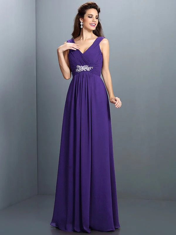 V-Neck Elegant Beading Pleats Sleeveless Long Chiffon Bridesmaid Dresses - Image 24