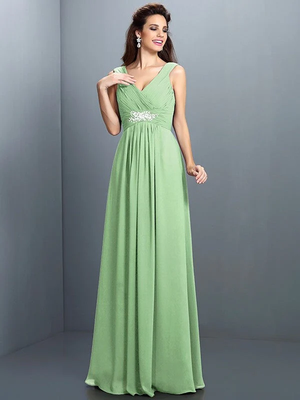 V-Neck Elegant Beading Pleats Sleeveless Long Chiffon Bridesmaid Dresses - Image 25