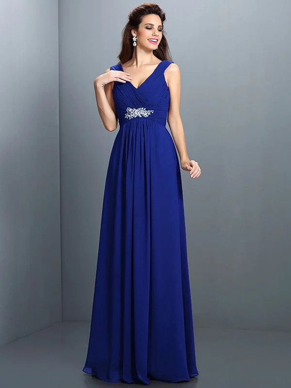 V-Neck Elegant Beading Pleats Sleeveless Long Chiffon Bridesmaid Dresses - Image 26