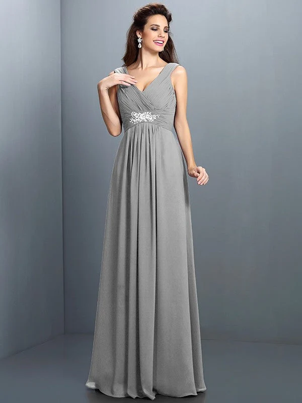 V-Neck Elegant Beading Pleats Sleeveless Long Chiffon Bridesmaid Dresses - Image 27