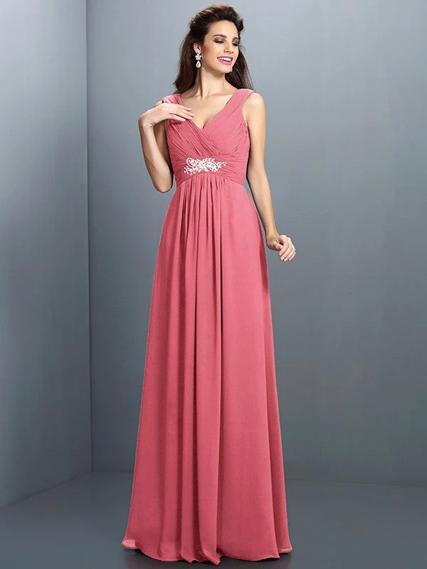 V-Neck Elegant Beading Pleats Sleeveless Long Chiffon Bridesmaid Dresses - Image 28