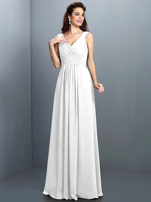 V-Neck Elegant Beading Pleats Sleeveless Long Chiffon Bridesmaid Dresses - Image 29