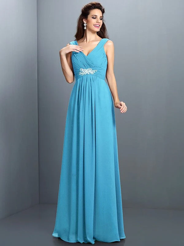V-Neck Elegant Beading Pleats Sleeveless Long Chiffon Bridesmaid Dresses - Image 3