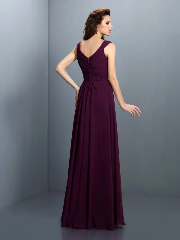 V-Neck Elegant Beading Pleats Sleeveless Long Chiffon Bridesmaid Dresses - Image 30