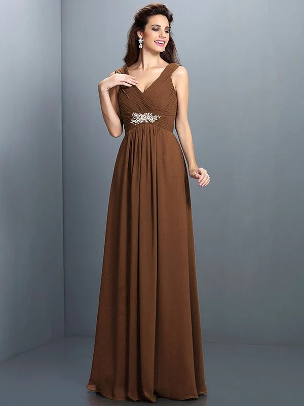 V-Neck Elegant Beading Pleats Sleeveless Long Chiffon Bridesmaid Dresses - Image 4