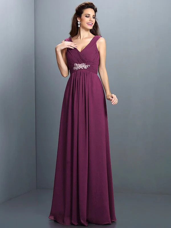 V-Neck Elegant Beading Pleats Sleeveless Long Chiffon Bridesmaid Dresses - Image 5