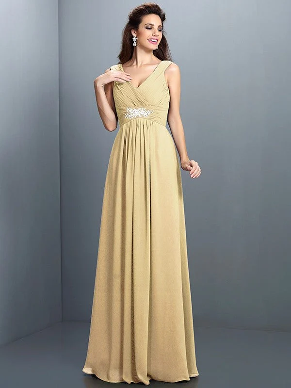 V-Neck Elegant Beading Pleats Sleeveless Long Chiffon Bridesmaid Dresses - Image 6