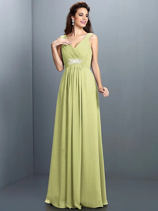 V-Neck Elegant Beading Pleats Sleeveless Long Chiffon Bridesmaid Dresses - Image 7