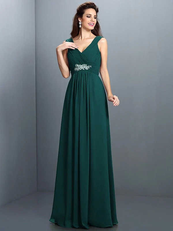 V-Neck Elegant Beading Pleats Sleeveless Long Chiffon Bridesmaid Dresses - Image 8